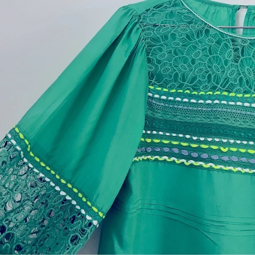 Anthro Blank London Boho Lace Yoke Peasant Blouse Emerald Green Embroidery